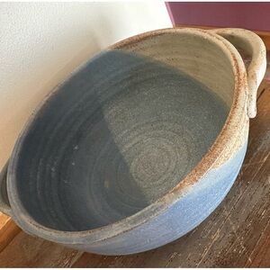 Vintage large pottery bowl 2 handle hand crafted